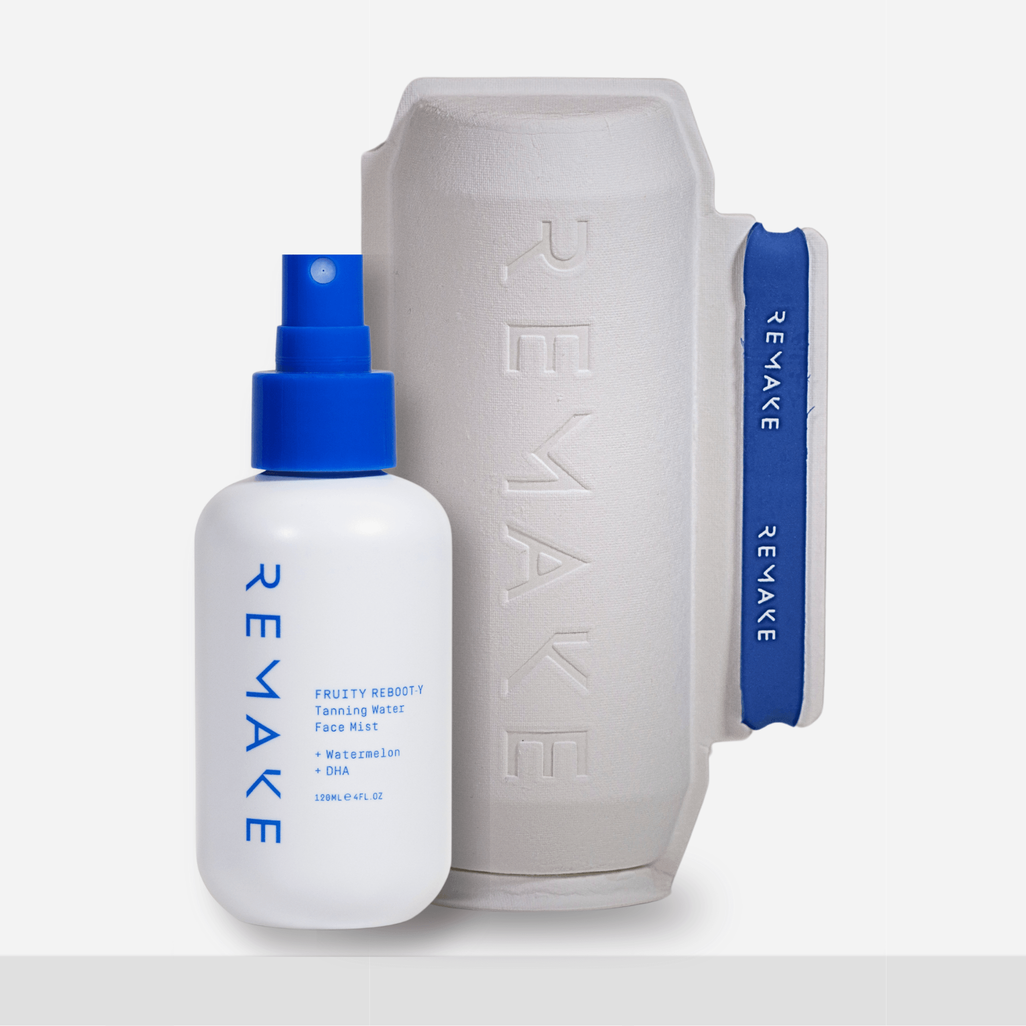 Sustainable skincare packaging. 100% PCR Plastic & Bagasse Sugarcane outer box for Fruity Reboot-Y Face Tanning Water - REMAKE
