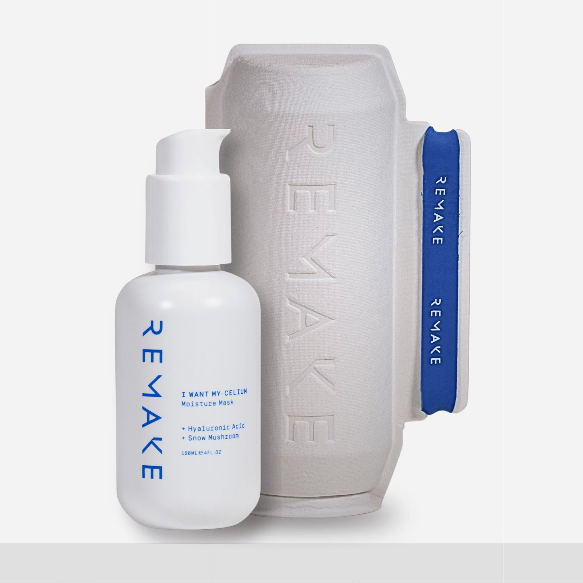 Sustainable skincare packaging. 100% PCR Plastic & Bagasse Sugarcane outer box for I Want My Celium Moisture Mask REMAKE