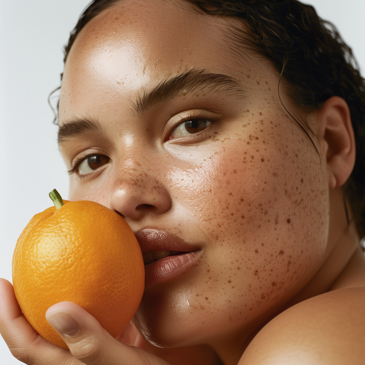 Woman holding orange close to face, symbolising REMAKE vitamin C skincare and sustainable Australian beauty