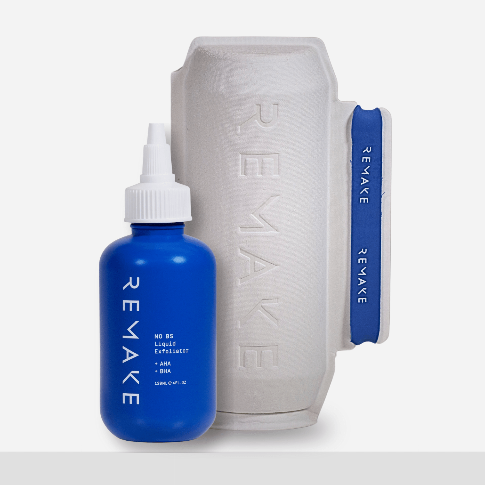 Sustainable skincare packaging. 100% PCR Plastic & Bagasse Sugarcane outer box for NO BS Liquid Exfoliator - REMAKE