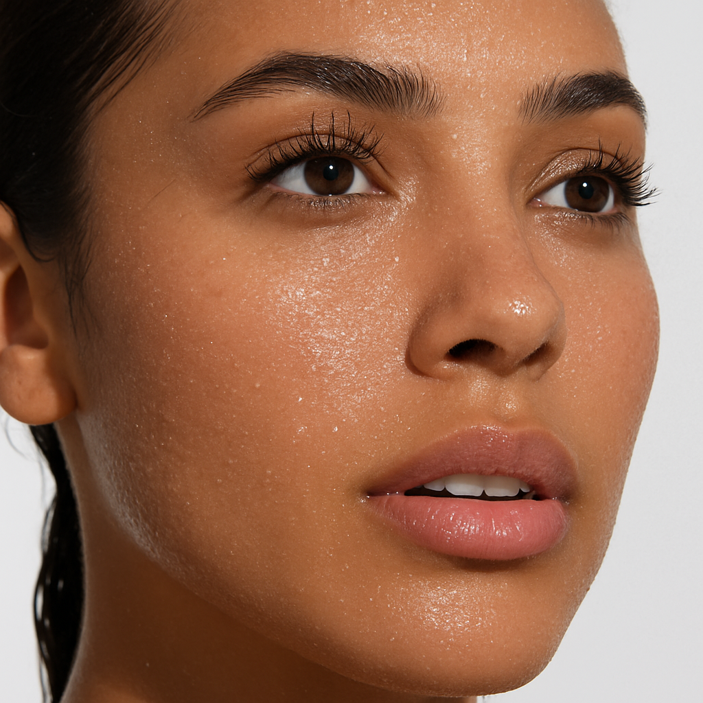 Model face after applying REMAKE TeaTox Face Serum Mist, hydrated radiant skin with natural nourishing ingredients