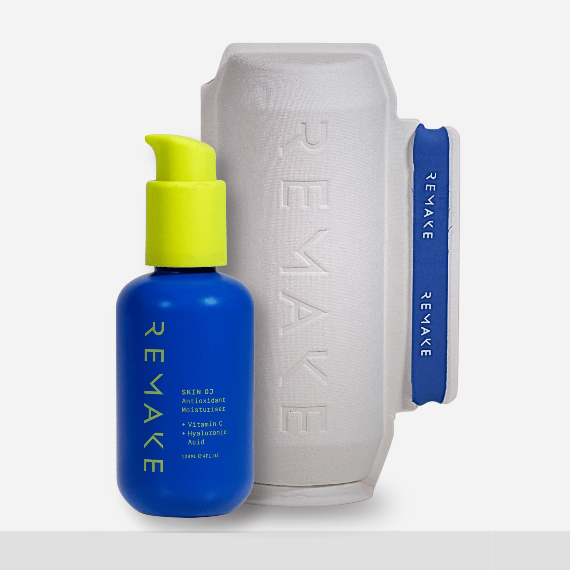 Sustainable skincare packaging. 100% PCR Plastic & Bagasse Sugarcane outer box for SKIN OJ: Antioxidant Moisturiser - REMAKE