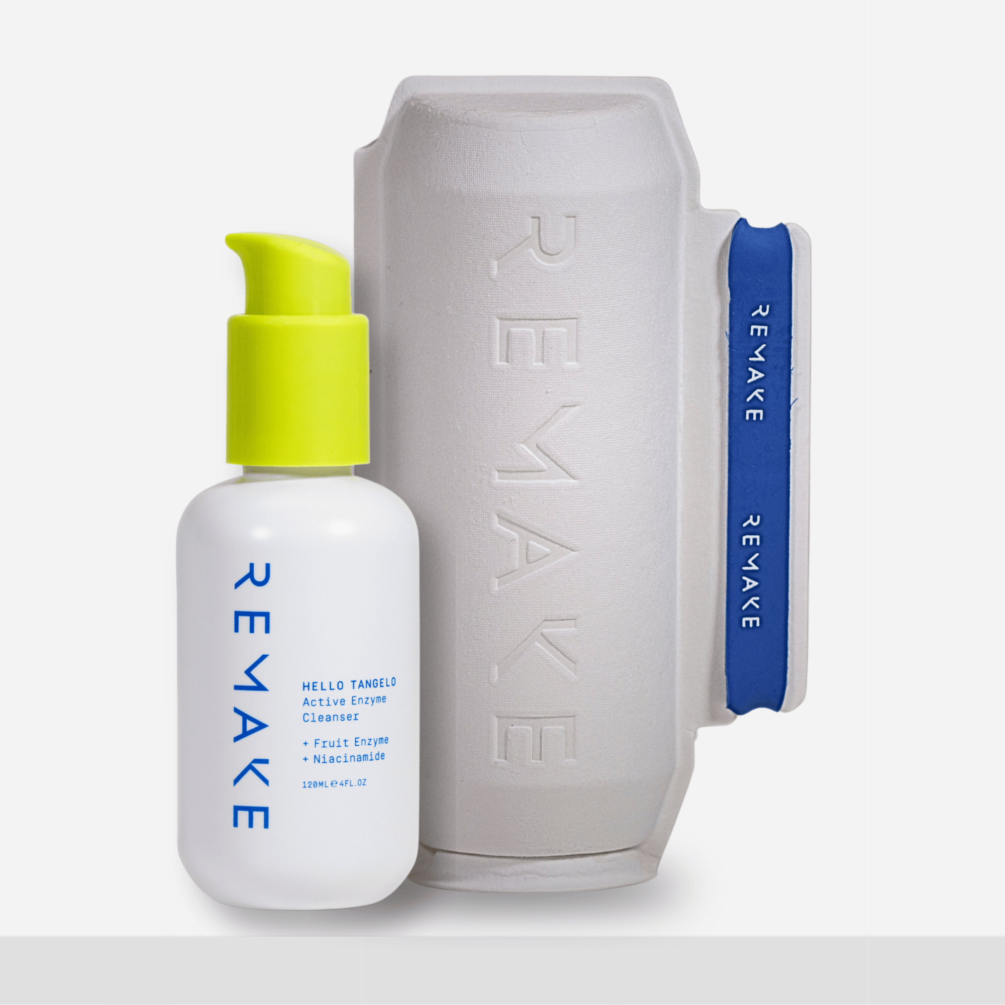Sustainable skincare packaging. 100% PCR Plastic & Bagasse Sugarcane outer box for Hello Tangelo Active Enzyme Cleanser - REMAKE