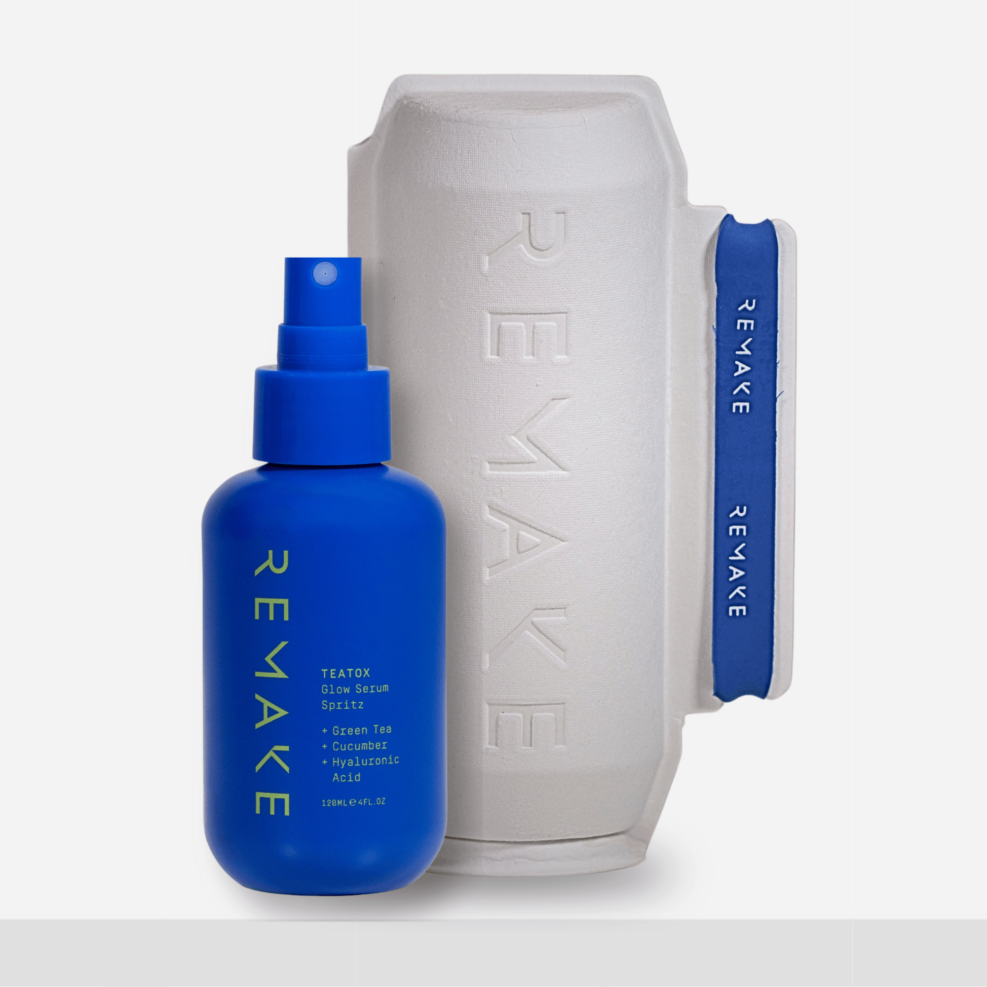 REMAKE Teatox Glow Serum Mist in sustainable skincare packaging. 100% PCR Plastic Bottle. Sugarcane Bagasse.