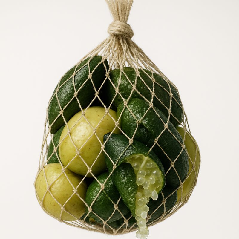Australian Kakadu Plum and Finger Lime fruit in natural string bag showcasing Vitamin C