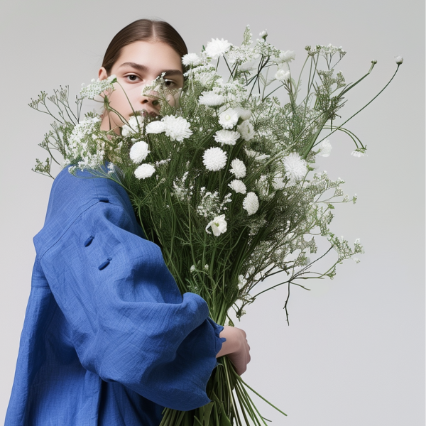 Model in blue dress holding flowers, showcasing REMAKE sustainable Australian clean beauty skincare brand
