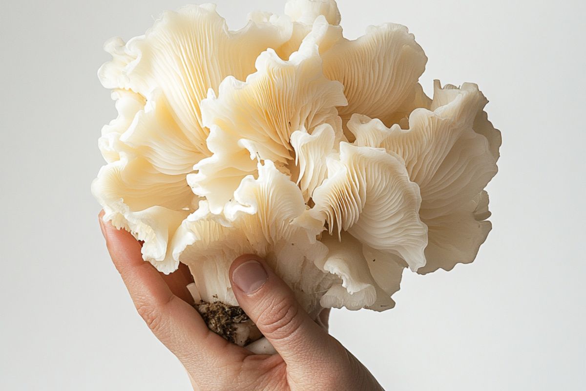 Hand gently holding a snow mushroom, symbolising hydration, barrier support, antioxidants, and soothing