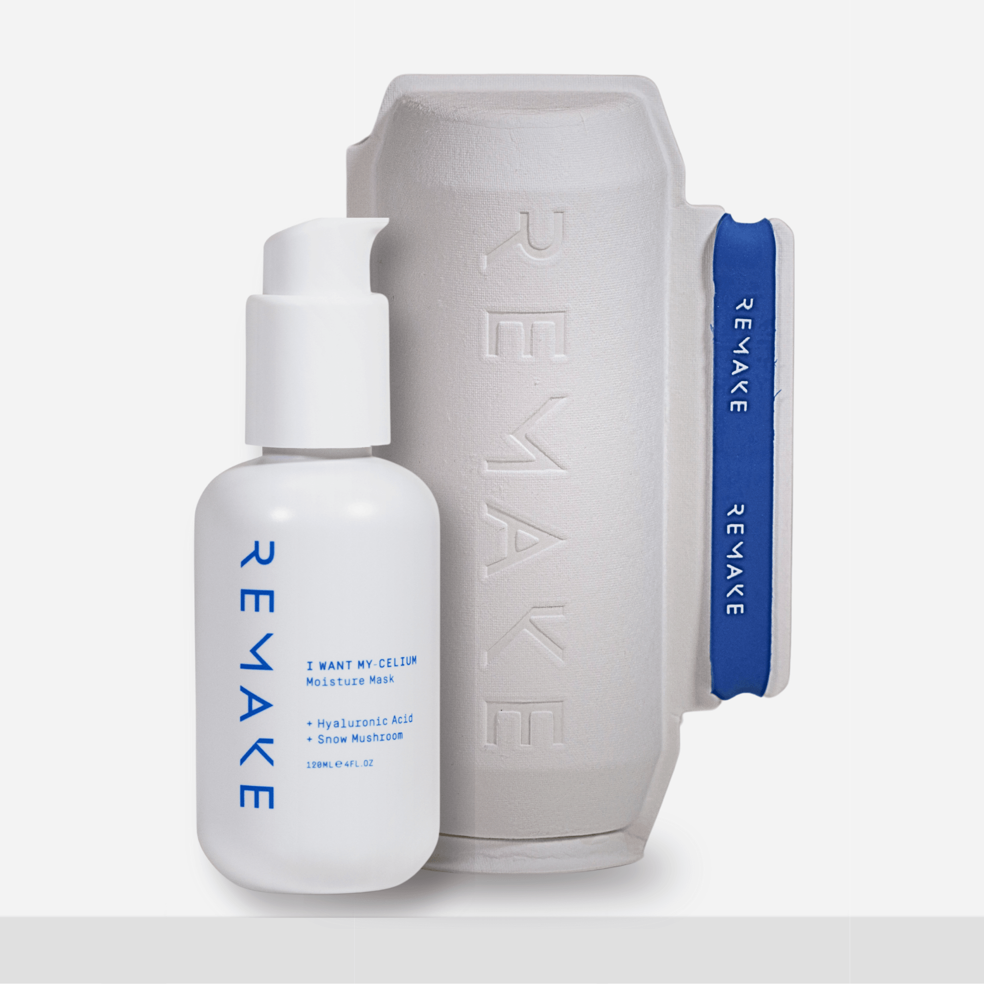 REMAKE Snow Mushroom Sleep Mask in sustainable skincare packaging. 100% PCR Plastic Bottle. Sugarcane Bagasse. 