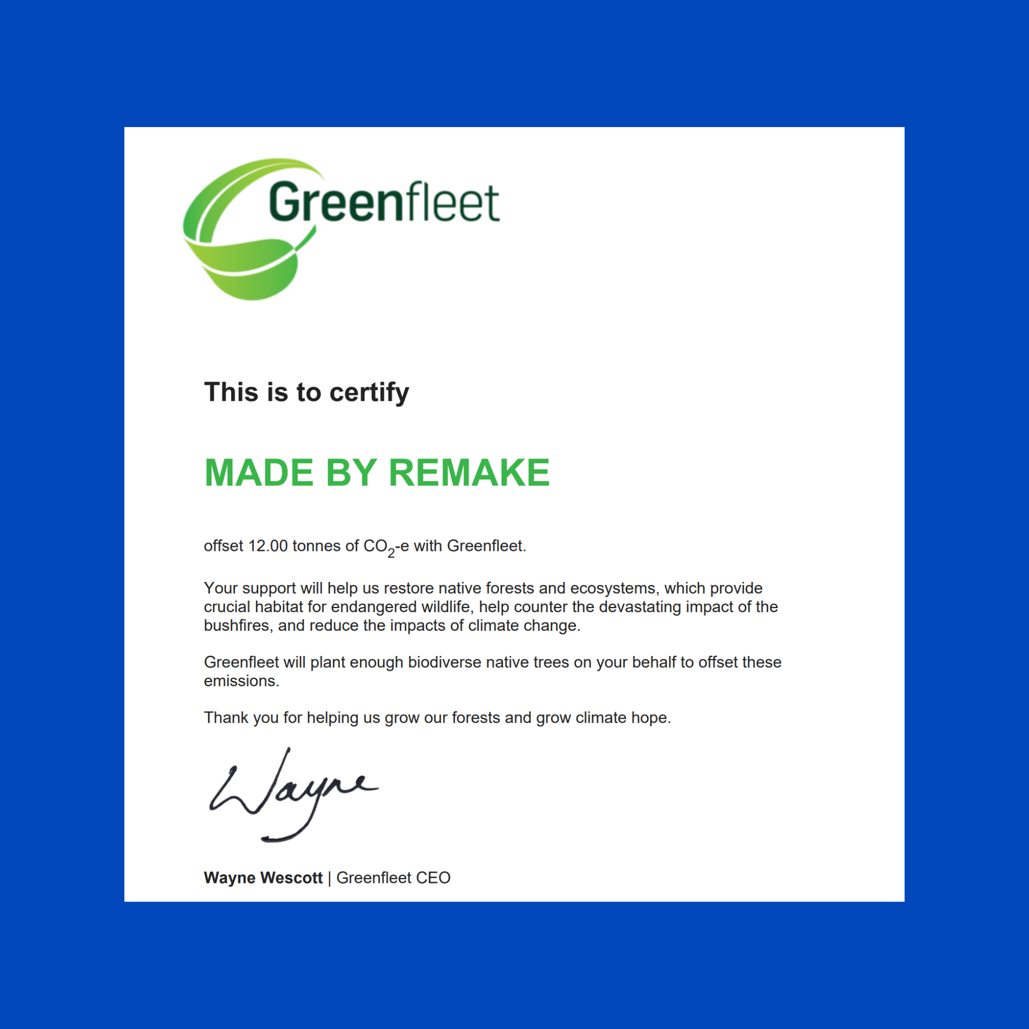 Remake Carbon Neutral Offset Certificate