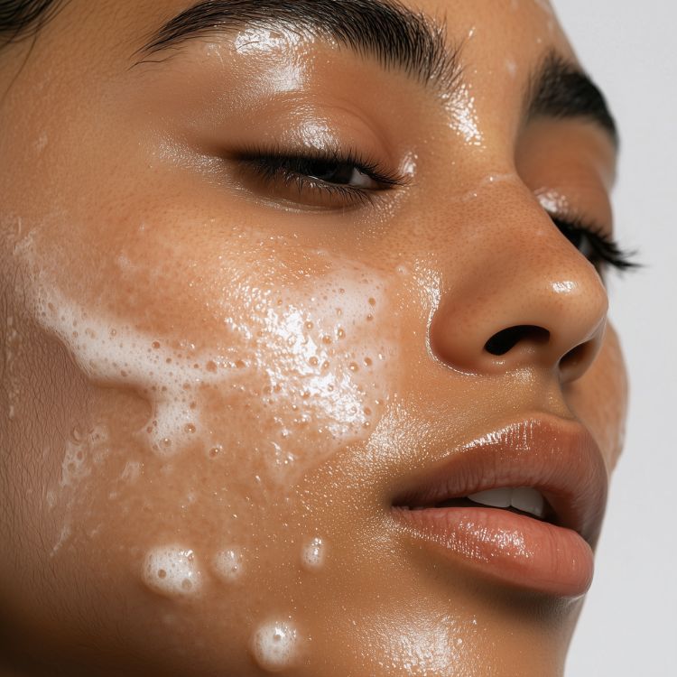 Model with Hello Tangelo Cleanser applied, REMAKE sustainable Australian skincare with citrus for fresh radiant skin