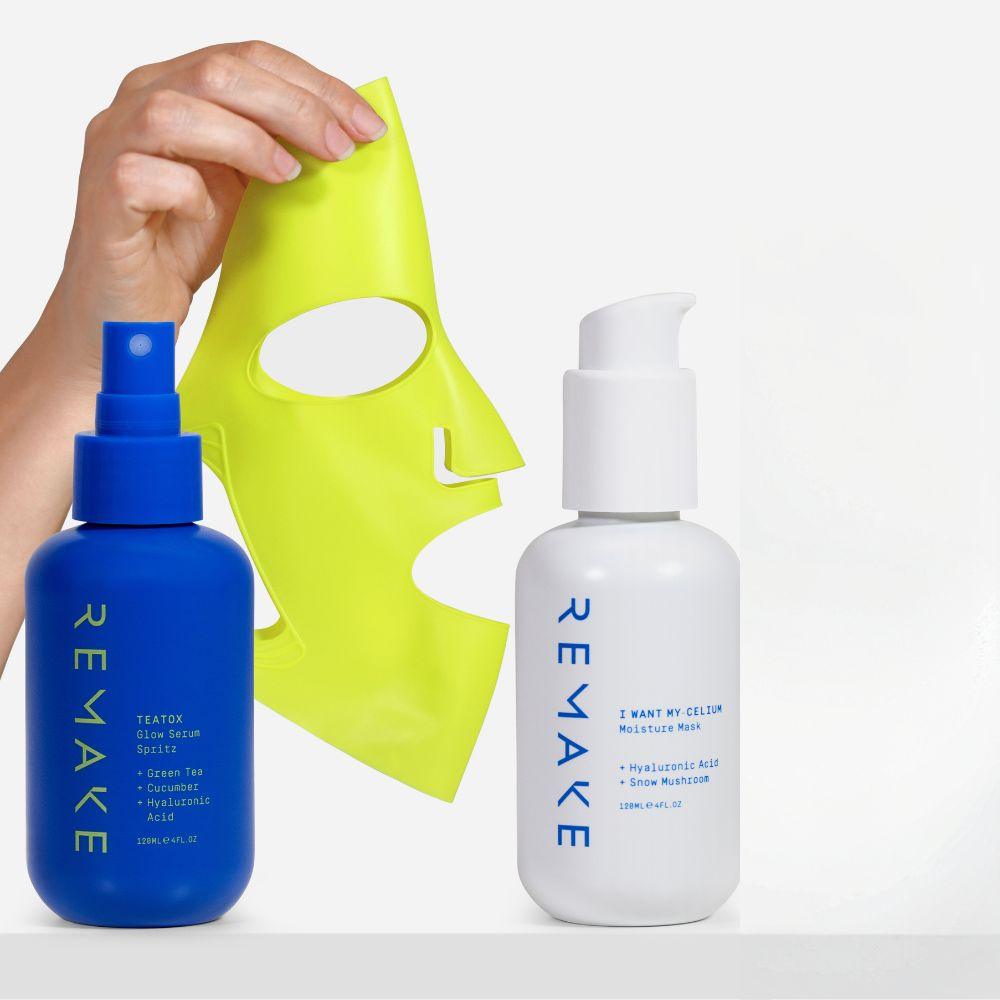 Dew It Right Bundle, showcaseing three sustainable skincare products. Snow Mushroom Mask, Glow Serum Mist and Reusable Sheet Mask - REMAKE