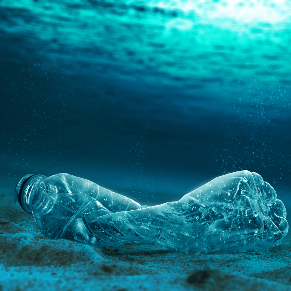 Old plastic bottle at bottom of ocean, symbol of marine pollution and plastic waste crisis